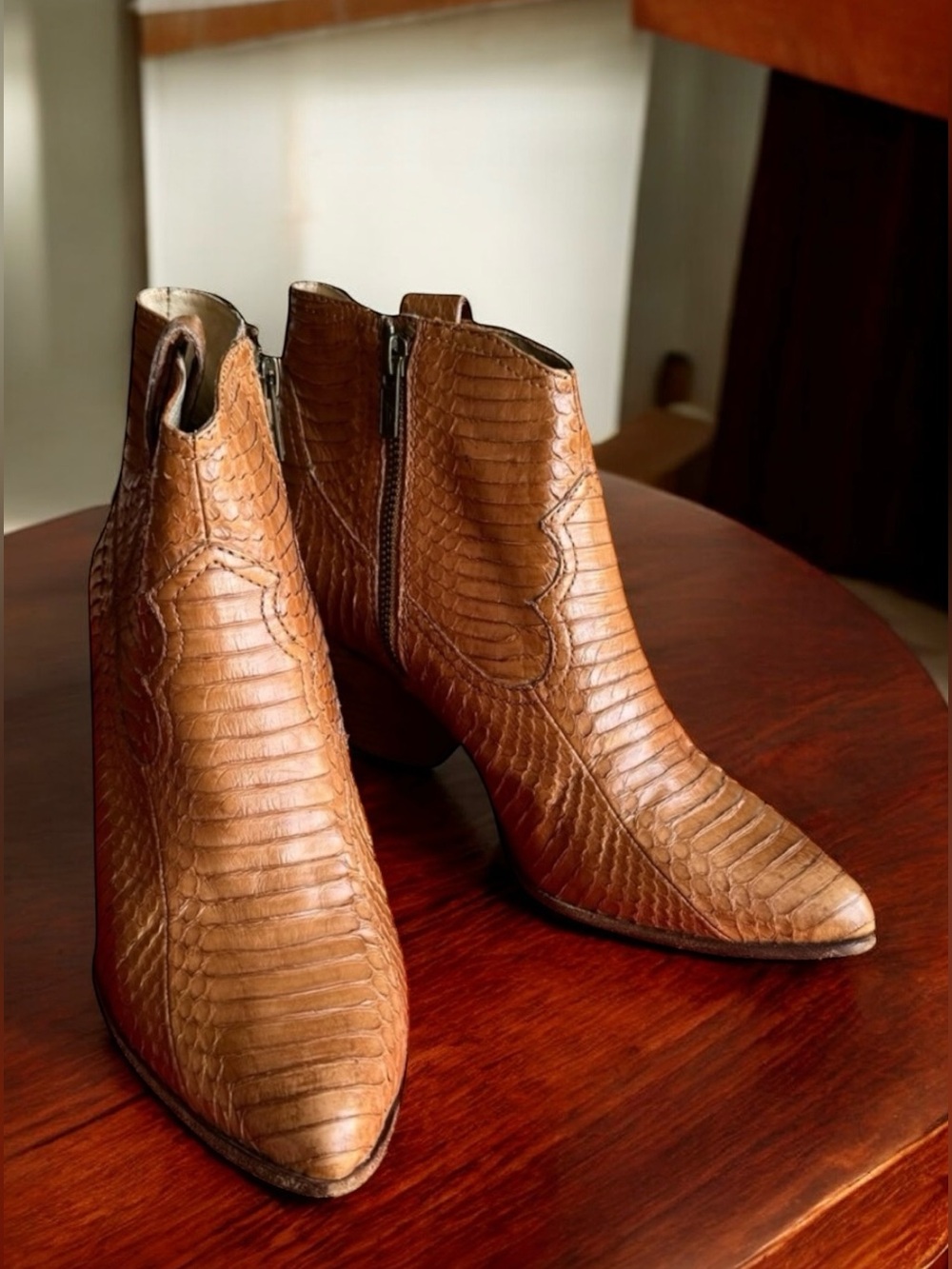 FRYE Reina Snakeskin Booties Cognac Ankle Boots